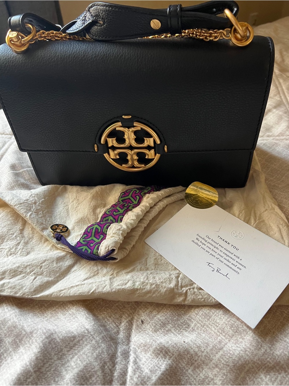 Tory Burch Black Leather Shoulder Bag with Gold Logo Hardware